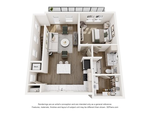 A 3D floor plan The Delcie - 1-bed 1-bath carriage home with a spacious layout, walk-in closet and large kitchen with an island